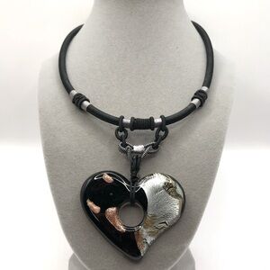 Unique Black and Silver Dichroic Glass Heart Pendant Necklace